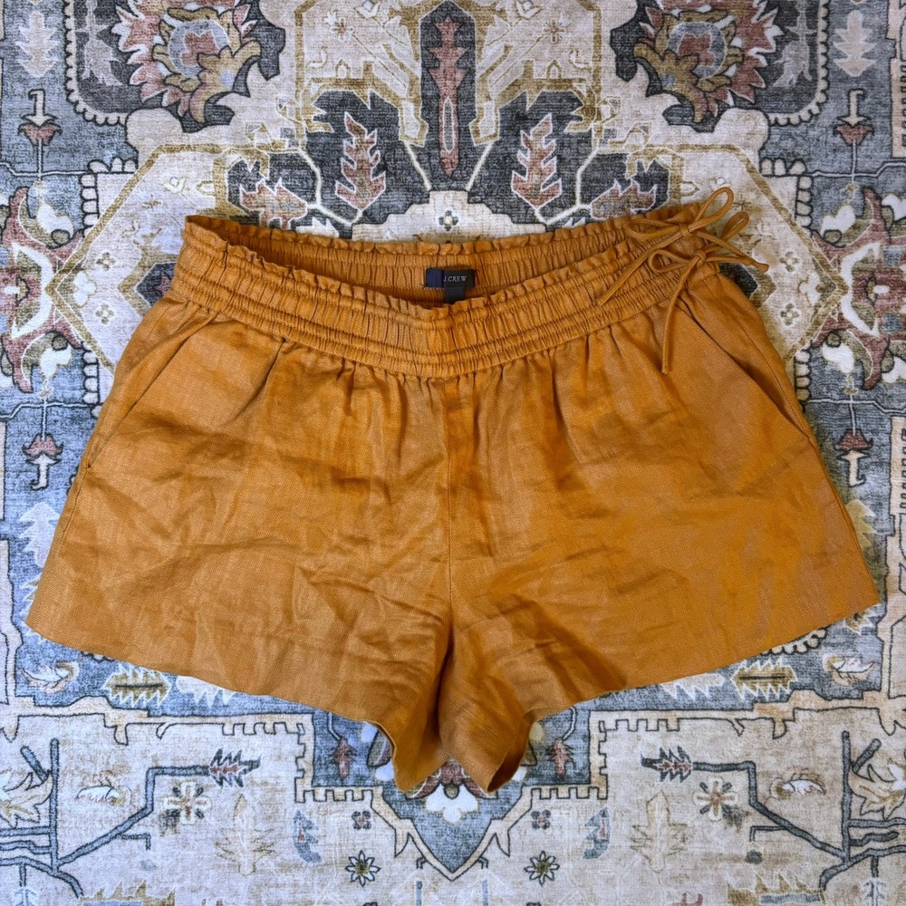 J.Crew Burnt Orange Linen Herringbone Smocked Waist Bow Shorts Resort Sz Medium - Picture 5 of 12